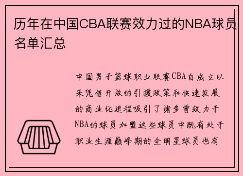 历年在中国CBA联赛效力过的NBA球员名单汇总