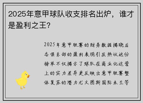 2025年意甲球队收支排名出炉，谁才是盈利之王？
