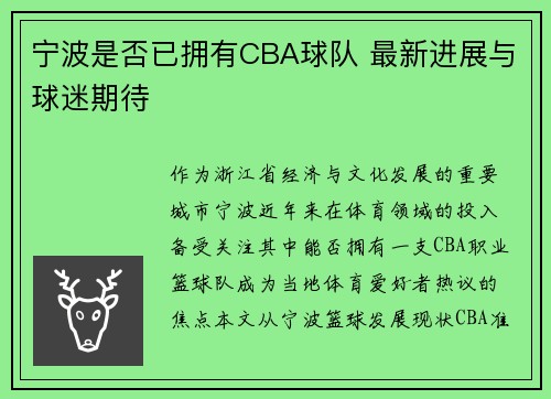 宁波是否已拥有CBA球队 最新进展与球迷期待